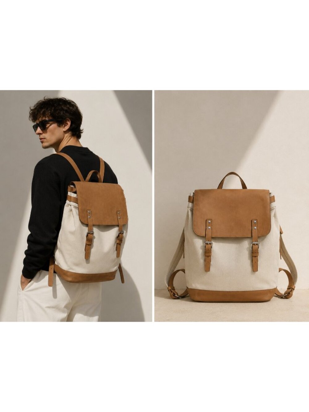 Sandqvist Canvas Leather Backpack Beige Tan Roll Top Laptop Travel Rucksack